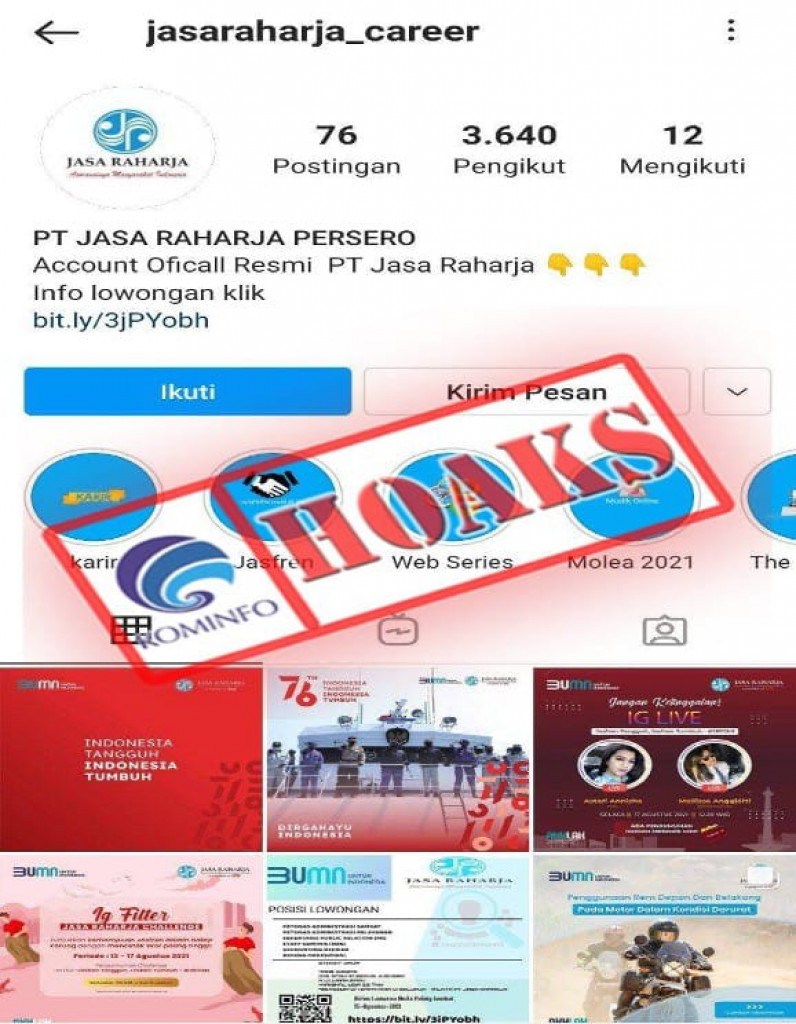 [HOAKS] Akun Instagram Mengatasnamakan Jasa Raharja